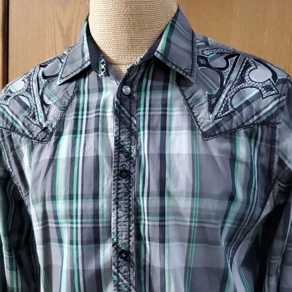Roar embellished embroidered plaid long sleeve shirt